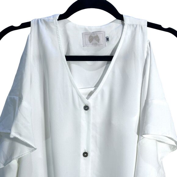 lorane Womens Designer Cold Shoulder Button Up Butterfly Sleeve Ivory Size Med - Picture 2 of 9